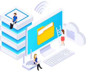 illustration with computer with wifi, storage and workers