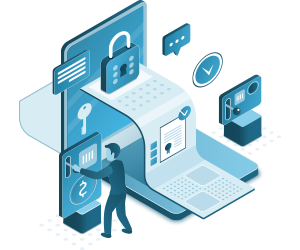 illustration of person working with computer safety and money