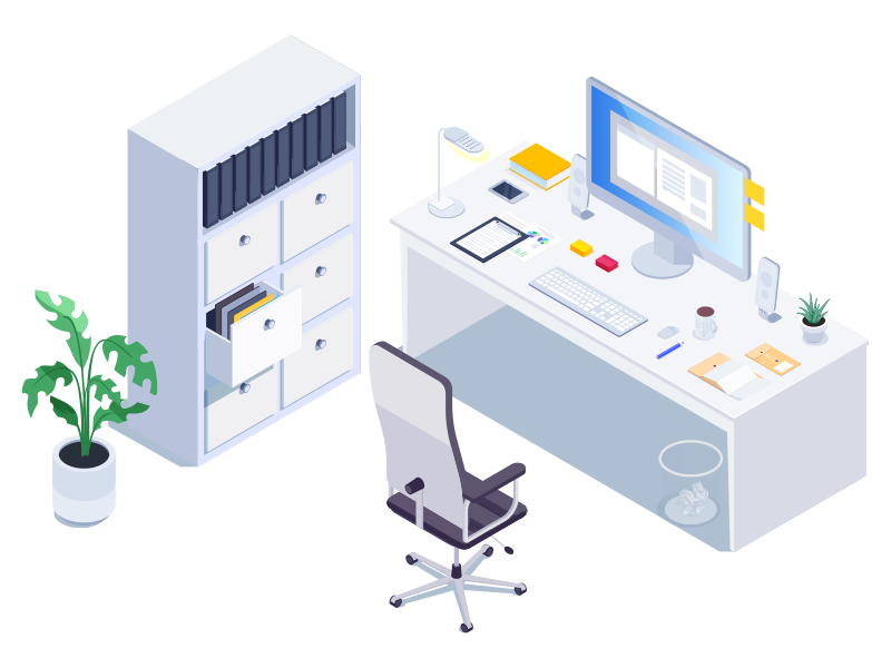 illustration of desk, office chair, and file cabinet bookshelf